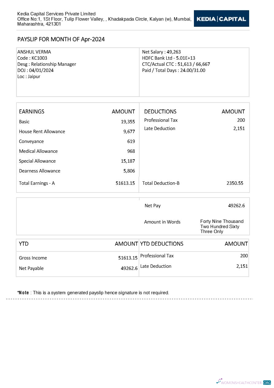 Download Kedia Capital Services investment services payslip template in Word and PDF formats.pdf, 1 Photoshop template